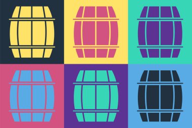 Pop Art Tahta Varil ikonu renk arkaplanında izole edilmiş. Alkol fıçısı, içki kabı, bira için tahta fıçı, viski, şarap. Vektör İllüstrasyonu