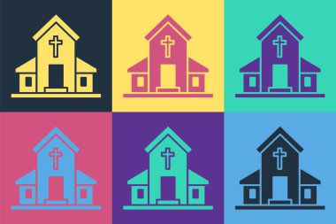 Pop Art Church binası ikonu renk arkaplanında izole edilmiş. Hıristiyan Kilisesi. Kilisenin dini. Vektör İllüstrasyonu