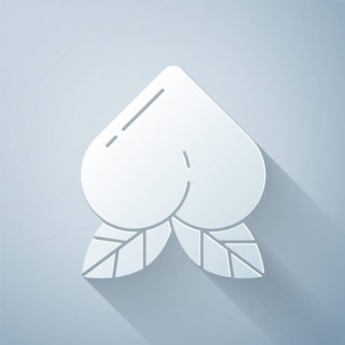 Kağıt kesiği Şeftali meyvesi ya da nektarin. Gri arkaplanda yaprak simgesi var. Kağıt sanatı tarzı. Vektör İllüstrasyonu