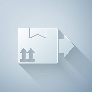 Kağıt kesiği, gri arkaplanda izole edilmiş trafik sembolü simgesi olan karton kutu. Kutu, paket, paket. Teslimat, ulaşım ve nakliye. Kağıt sanatı tarzı. Vektör İllüstrasyonu