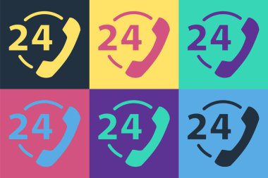 Pop Art Telefon 24 saat destek ikonu renk arkaplanında izole edildi. Tüm gün müşteri destek merkezi. Tam zamanlı çağrı servisi. Vektör İllüstrasyonu