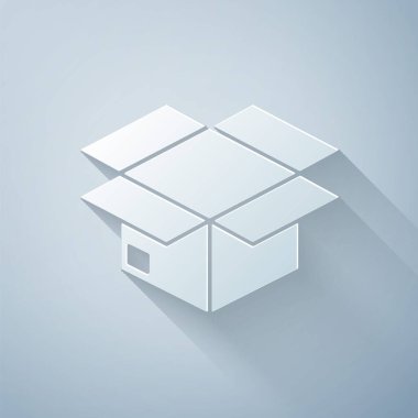 Kağıt kesiği karton kutu simgesi gri arkaplanda izole edilmiş. Kutu, paket, paket işareti. Teslimat ve ambalaj. Kağıt sanatı tarzı. Vektör İllüstrasyonu