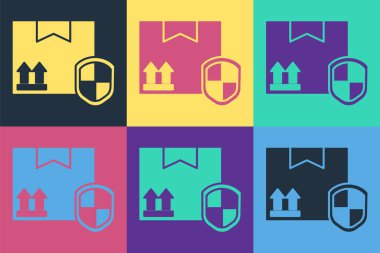 Pop Art Teslimat Güvenliği 'nin kalkan simgesi renkli arka planda izole edilmiş hali. Teslimat sigortası. Kalkanın ötesinde sigorta kutuları var. Vektör İllüstrasyonu