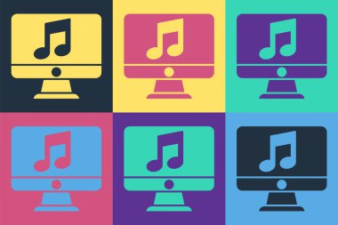 Ekran simgesinde nota sembolü olan pop sanat bilgisayarı renk arkaplanında izole edilmiş. Vektör İllüstrasyonu