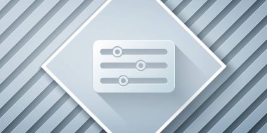 Kağıt kesiği Ses Karıştırıcı simgesi gri arkaplanda izole edildi. DJ ekipman kaydırma düğmeleri. Konsol karıştırılıyor. Kağıt sanatı tarzı. Vektör İllüstrasyonu