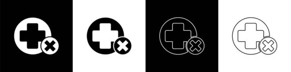 Set Cross hospital medical icon isolated on black and white background. First aid. Diagnostics symbol. Medicine and pharmacy sign. Vector Illustration