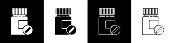 Set Geneeskunde Fles Pillen Pictogram Geïsoleerd Zwart Wit Achtergrond Fles — Stockvector