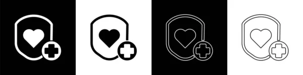 Set Icono Escudo Frecuencia Cardíaca Aislado Sobre Fondo Blanco Negro — Vector de stock