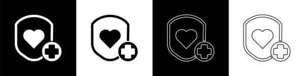 Set Shield and heart rate icon isolated on black and white background. Health protection concept. Health care. Vector Illustration