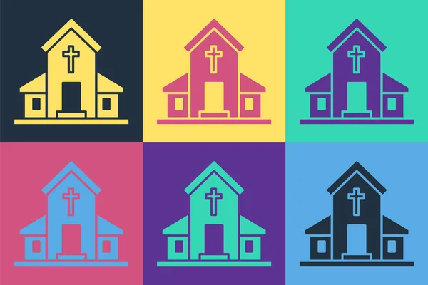 Pop Art Kirche Gebäude Ikone Isoliert Auf Farbigem Hintergrund Christliche — Stockvektor