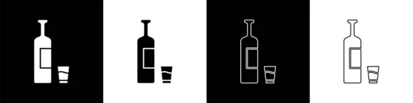 Nastavit Láhev Whisky Skleněné Ikony Izolované Černobílém Pozadí Vektorová Ilustrace — Stockový vektor