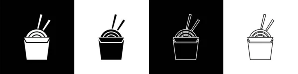 Ορισμός Ασιατικών Noodles Χάρτινο Κουτί Και Εικονίδιο Chopsticks Που Απομονώνονται — Διανυσματικό Αρχείο