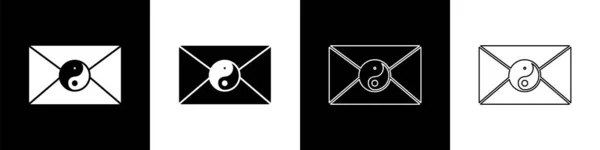 Nastavit Yin Yang Obálka Ikonu Izolované Černobílém Pozadí Symbol Harmonie — Stockový vektor