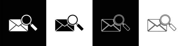 Set Envelop Mail Met Vergrootglas Pictogram Geïsoleerd Zwart Wit Achtergrond — Stockvector