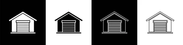 Définir Icône Entrepôt Isolée Sur Fond Noir Blanc Illustration Vectorielle — Image vectorielle