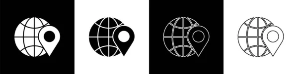 Establecer Ubicación Icono Del Globo Aislado Sobre Fondo Blanco Negro — Vector de stock