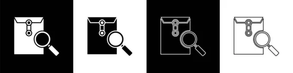 Set Briefumschlag Mit Lupe Symbol Isoliert Auf Schwarz Weißem Hintergrund — Stockvektor