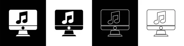 在屏幕图标上设置带有音乐符号的计算机 在黑白背景上隔离 病媒图解 — 图库矢量图片