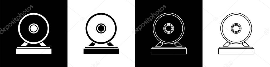 Set Gong musical percussion instrument circular metal disc icon isolated on black and white background. Vector Illustration