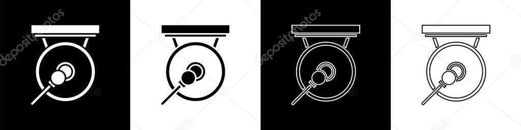 Set Gong musical percussion instrument circular metal disc and hammer icon isolated on black and white background. Vector Illustration vector