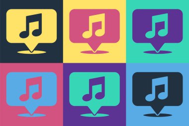 Konuşma baloncuğu simgesindeki pop sanat notaları renk arkaplanında izole edilmiş. Müzik ve ses konsepti. Vektör İllüstrasyonu