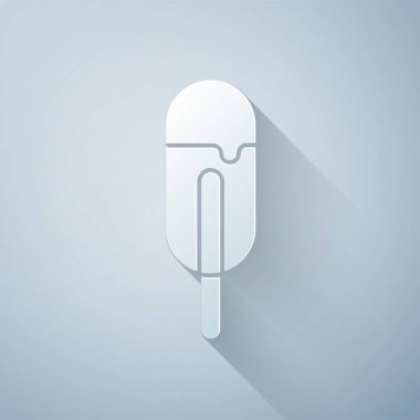 Kağıt kesiği dondurma ikonu gri arka planda izole. Güzel sembol. Kağıt sanatı tarzı. Vektör İllüstrasyonu