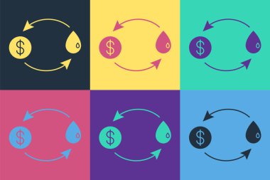 Pop sanat yağı değişimi, su transferi, renkli arkaplanda izole edilmiş simge dönüştürme. Vektör İllüstrasyonu