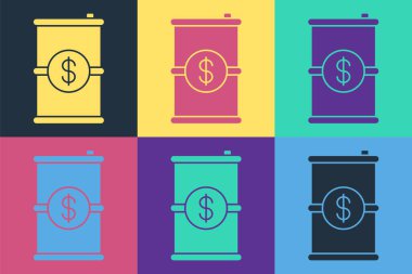 Dolar sembollü Pop Art Barrel yağı. Renkli arka planda izole edilmiş. Vektör İllüstrasyonu