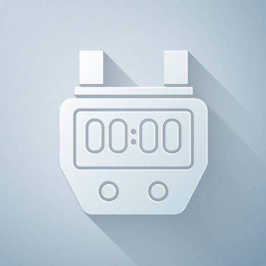 Kağıt kesiği Kronometre simgesi gri arkaplanda izole edildi. Zaman göstergesi. Kronometre işareti. Kağıt sanatı tarzı. Vektör İllüstrasyonu