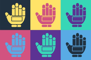 Pop sanat hokeyi eldiveni ikonu renk arkaplanda izole edilmiş. Spor yapmak ve ellerindeki koruyucu eldivenleri eğitmek. Vektör İllüstrasyonu