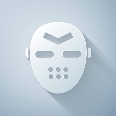 Kağıt kesiği hokey maskesi simgesi gri arkaplanda izole edildi. Kağıt sanatı tarzı. Vektör İllüstrasyonu