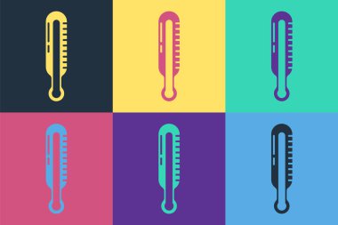 Pop Art Meteoroloji termometresi renk arkaplanında izole edilmiş ikonu ölçüyor. Termometre termometresi sıcak ya da soğuk hava gösteriyor. Vektör İllüstrasyonu