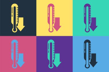 Pop Art Meteoroloji termometresi renk arkaplanında izole edilmiş ikonu ölçüyor. Termometre termometresi sıcak ya da soğuk hava gösteriyor. Vektör İllüstrasyonu