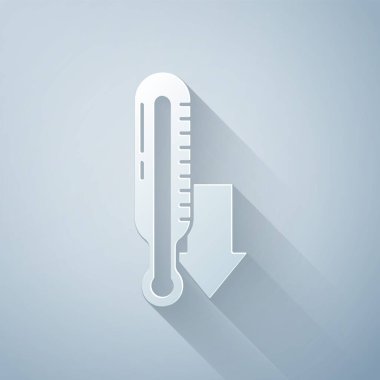 Kağıt kesiği Meteoroloji termometresi gri arkaplanda izole edilmiş ikon ölçümü. Termometre termometresi sıcak ya da soğuk hava gösteriyor. Kağıt sanatı tarzı. Vektör İllüstrasyonu