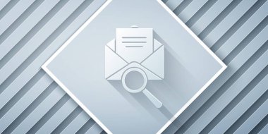 Kağıt kesiği, gri arkaplanda izole edilmiş büyüteç simgesi içeren zarf kesikli posta. Kağıt sanatı tarzı. Vektör İllüstrasyonu