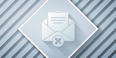 Kağıt kesiği Gri arkaplanda izole edilmiş zarf simgesini sil. Sil ya da hata mektubu. Mesajı geç. Reddedilmiş posta. Kağıt sanatı tarzı. Vektör İllüstrasyonu