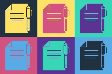 Pop sanat belgesi ve kalem simgesi renk arkaplanında izole edildi. Dosya simgesi. Kontrol listesi simgesi. İş konsepti. Vektör İllüstrasyonu