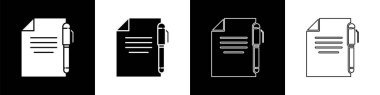 Belge ve kalem simgesini siyah ve beyaz arkaplanda izole et. Dosya simgesi. Kontrol listesi simgesi. İş konsepti. Vektör İllüstrasyonu