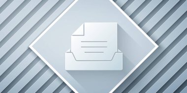 Kağıt kesiği Çekmece ve gri arkaplanda izole edilmiş belge simgesi. Arşiv çekmecesi. Dosya dolabı çekmecesi. Ofis mobilyası. Kağıt sanatı tarzı. Vektör İllüstrasyonu