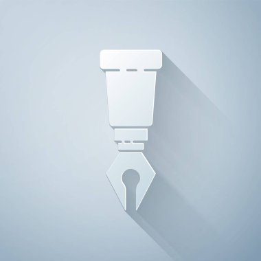 Kağıt kesiği Gri arkaplanda Çeşme ucu simgesi izole edildi. Kalem aleti işareti. Kağıt sanatı tarzı. Vektör İllüstrasyonu