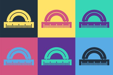 Renk arkaplanında izole edilmiş derece simgesini ölçmek için Pop Art Protektör ızgarası. Eğim ölçer. Ölçme aleti. Geometrik sembol. Vektör İllüstrasyonu