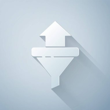 Kağıt kesiği satış hunisi ve pazarlama için oklar ve girişim simgesi gri arka planda izole edilmiş. Bilgi şablonu. Kağıt sanatı tarzı. Vektör İllüstrasyonu