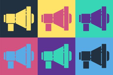 Pop Art Megafon simgesi renk arkaplanında izole edildi. Yüksek sesle konuşma uyarısı. Ağızlık için megafon, terfi diye bağırıyor. Vektör İllüstrasyonu