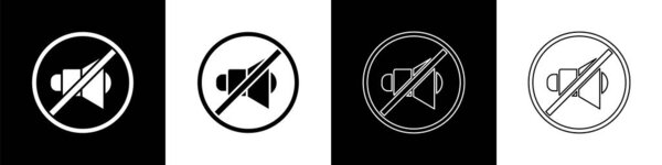 Set Speaker mute icon isolated on black and white background. No sound icon. Volume Off symbol. Vector Illustration