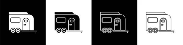 黒と白の背景に隔離されたRvキャンプトレーラーアイコンを設定します 旅行モバイルホーム キャラバン 旅行のためのホームキャンパー ベクターイラスト — ストックベクタ