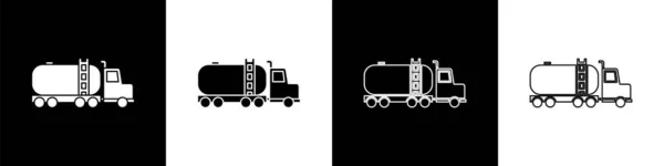 黒と白の背景に分離タンカートラックアイコンを設定します 石油タンカー ガソリントラック シスター 石油トレーラー ベクターイラスト — ストックベクタ