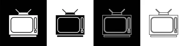 Definir Ícone Retro Isolado Fundo Preto Branco Sinal Televisão Ilustração — Vetor de Stock