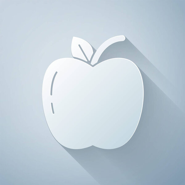 Paper cut Apple icon isolated on grey background. Fruit with leaf symbol. Paper art style. Vector Illustration