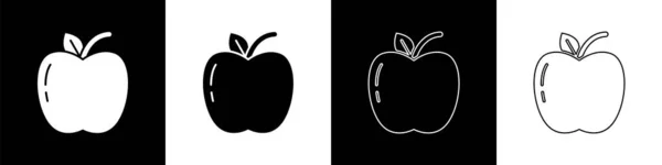 Ställ Apple Ikonen Isolerad Svart Och Vit Bakgrund Frukt Med — Stock vektor