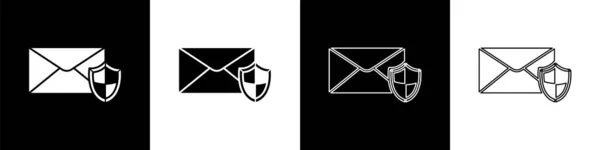 Set Umschlag Mit Schild Symbol Isoliert Auf Schwarz Weißem Hintergrund — Stockvektor